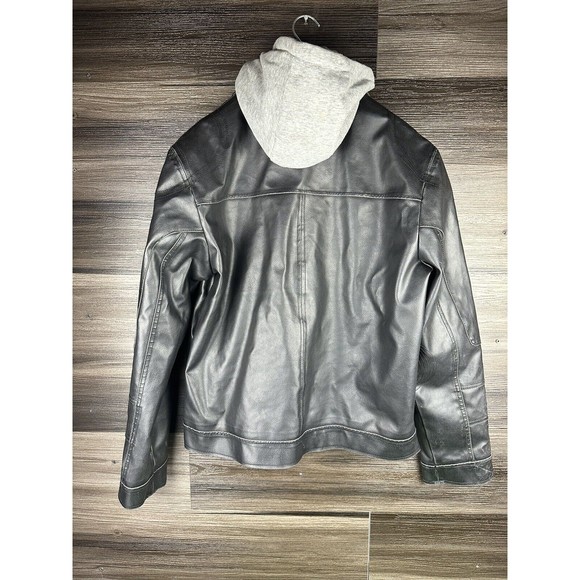 Kenneth Cole Reaction Mens Aviator Jacket‎ Black Fleece Hood Collar Zipper Large - Picture 2 of 7